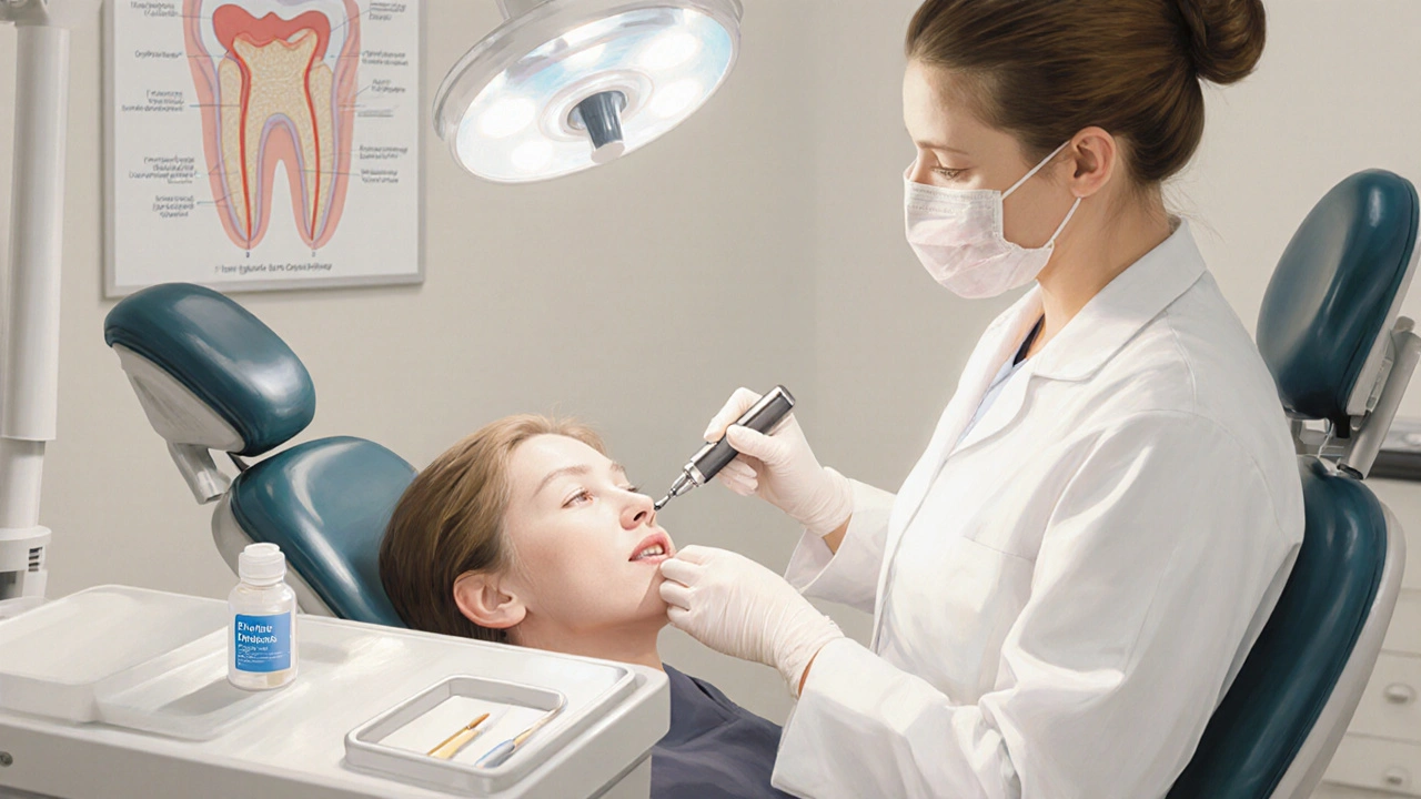 Dentista provádí profesionální leštění a aplikaci remineralizačního gelu.