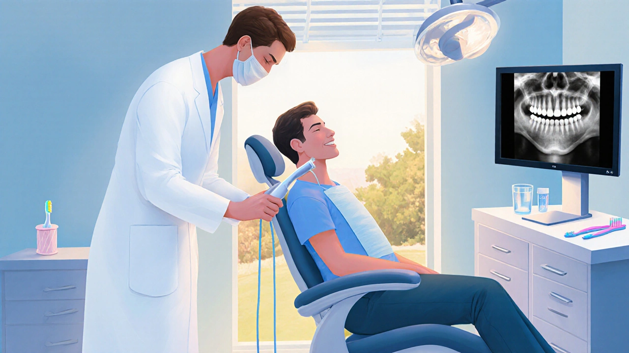 Dentista provádí rentgen zubu, zatímco na stole leží kartáček a zubní nit.