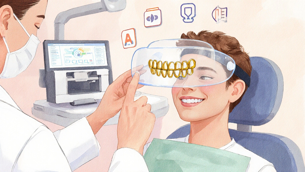 Dentista ukazuje AR hologram nového úsměvu pacientovi.