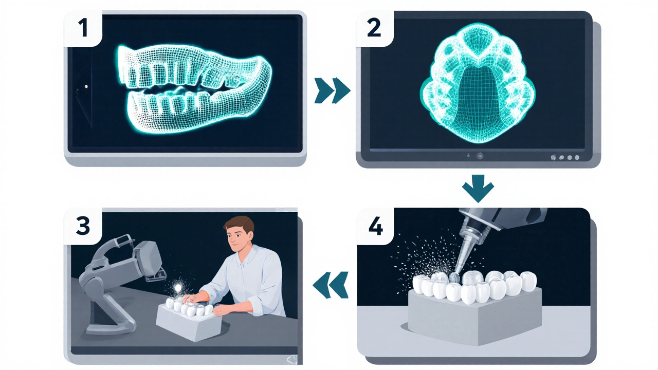 Diagram procesu výroby keramických zubů: sken, digitální model, laboratoř, nasazení.
