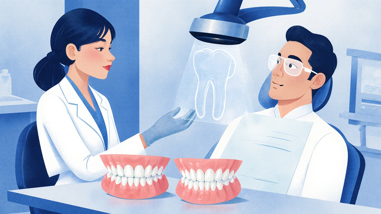 Ilustrace dentisty, který ukazuje keramické a kompozitní fazety.