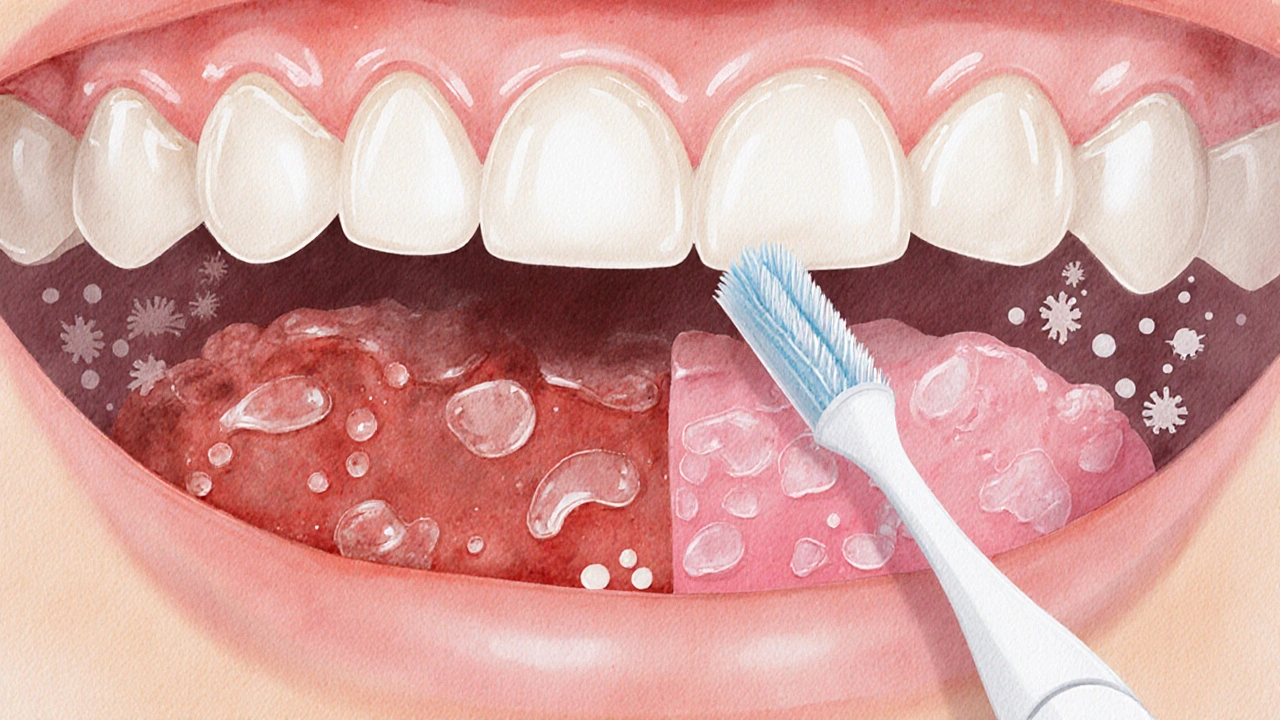 Křížový řez zubů a dásní s odstraňováním plaku mezizubním kartáčkem.