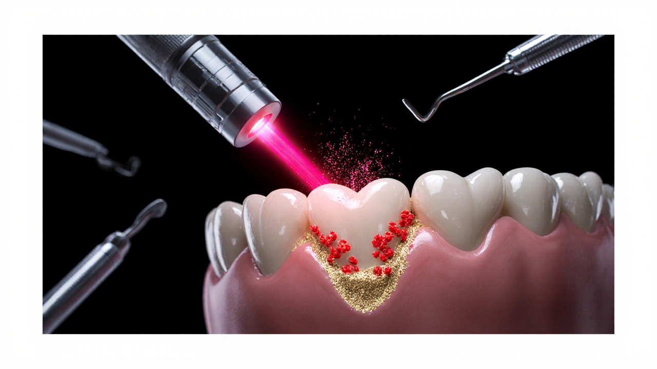Laser beam eliminating bacteria in interdental space with enamel regeneration.