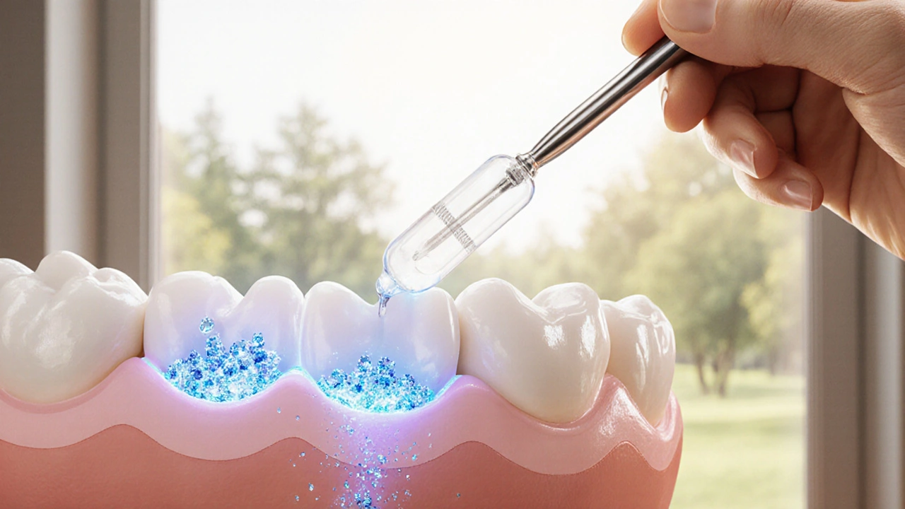 Microscopic hydroxylapatite crystals repairing early enamel decay.