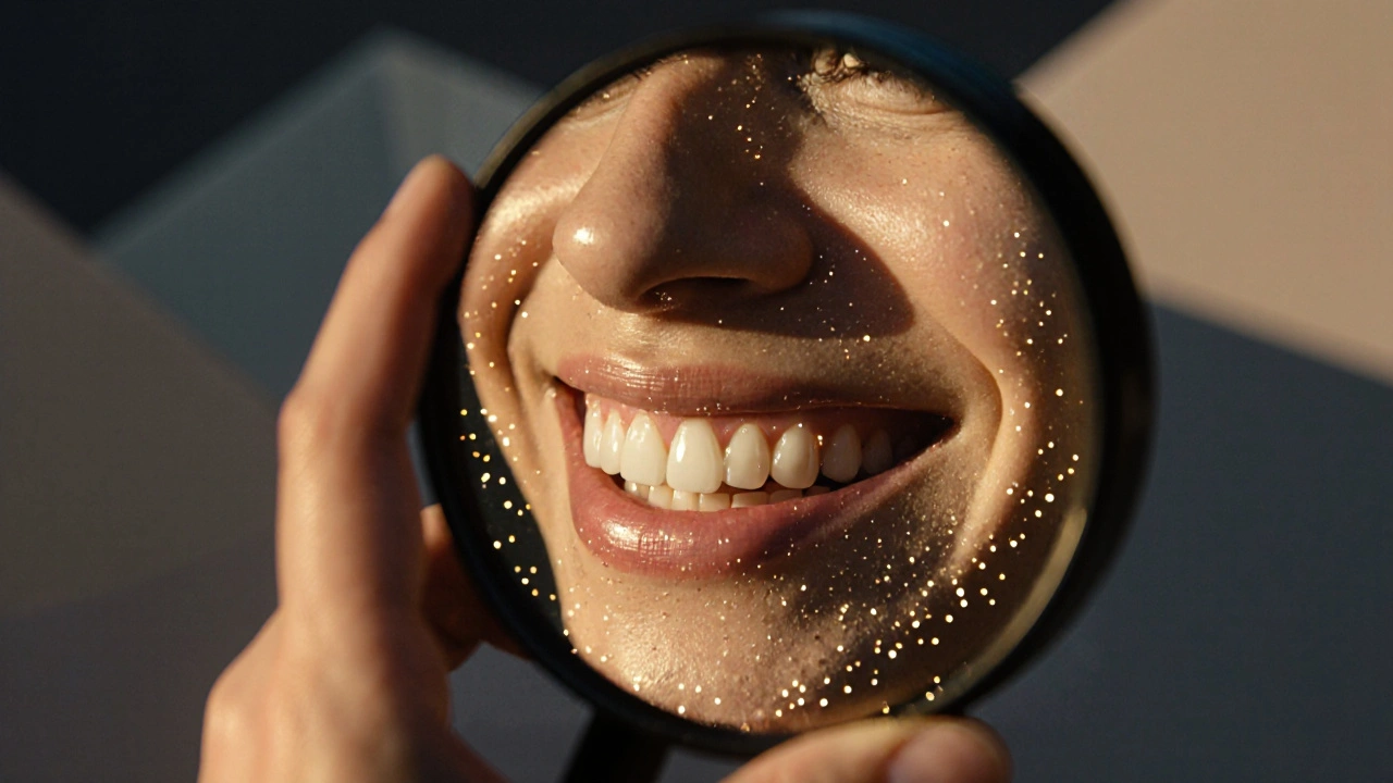 Odraz úsměvu v zrcátku s jemnými částicemi skloviny se vznášejícími se vzduchem.