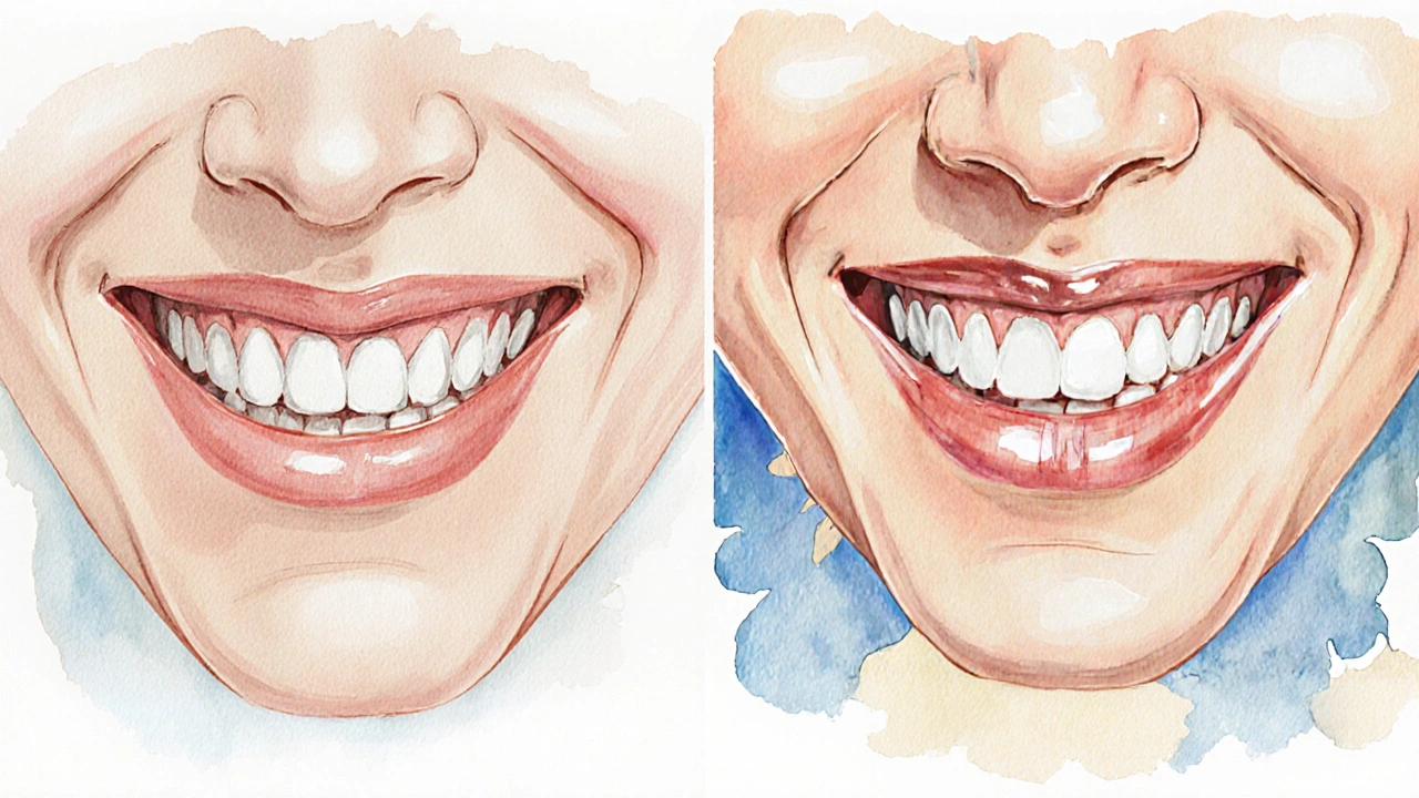Před a po porovnání úsměvu s vyrovnáním hrany zubů.
