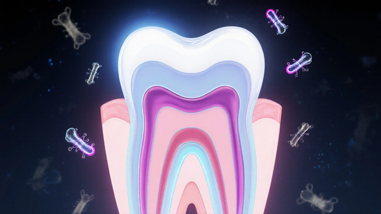 Příčný řez zubem s vrstvami dentálního cementu chránícími před karií.