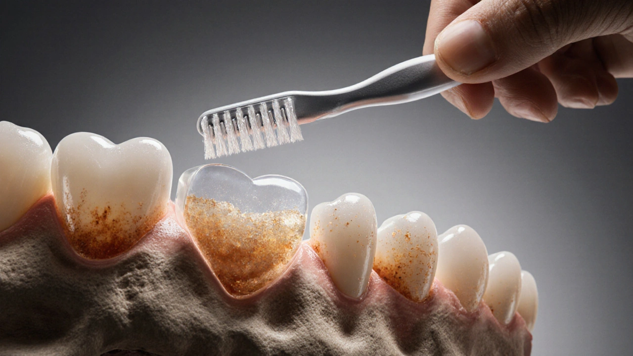 Ruka drží mezizubní kartáček vedle zubů a kosti s viditelným plakem.