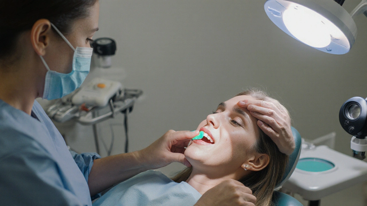 Zubař značí místa tlaku na zubní protézu pomocí barvy v klinice.