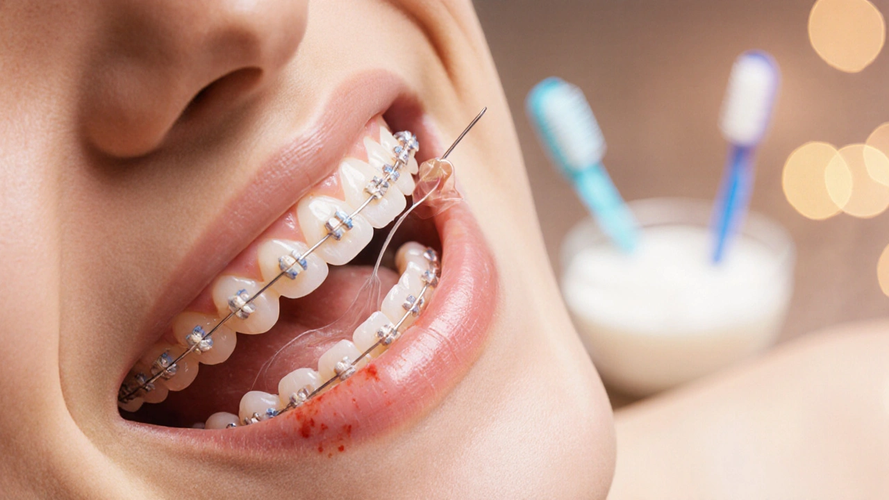 Blízký pohled na zuby s rovnátky, jemný zánět dásní a ortodontický vosk na drátu.