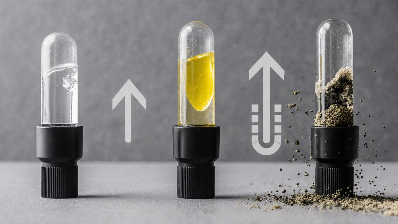 Chronologický vývoj degradace bělícího gelu: čerstvý, žlutavý a zčernalý stav v porovnání.