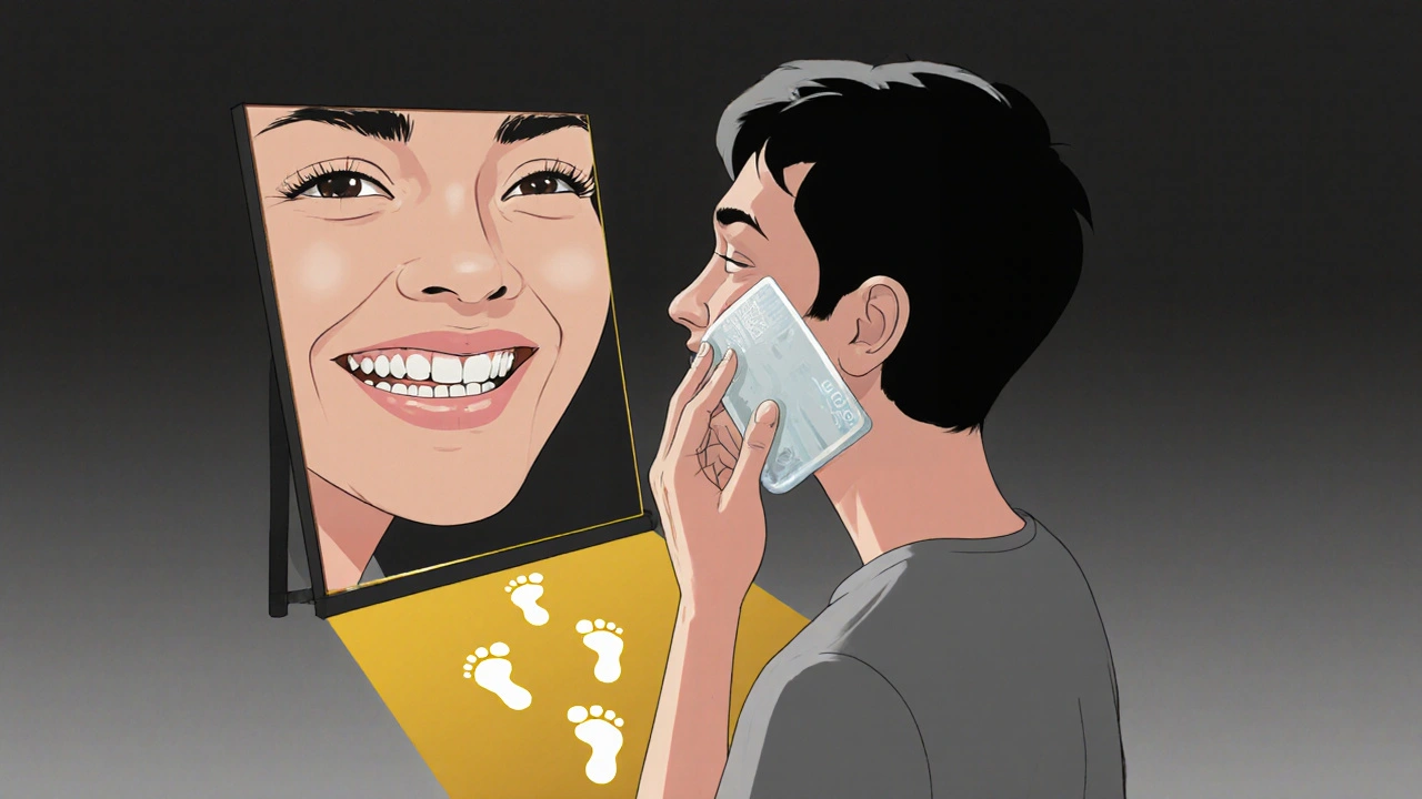 Člověk ve zrcadle: skutečný obraz s rovnátky a odraz s úsměvem, ledový kompres na tváři.