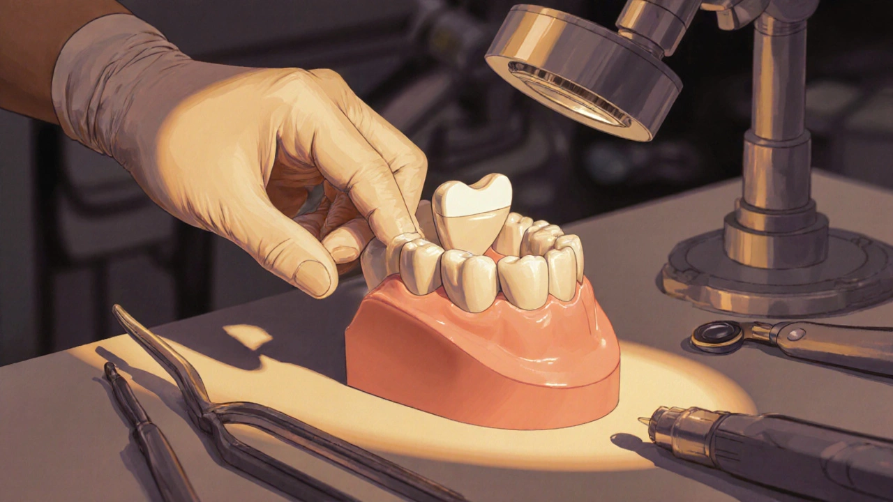 Dental technik přikládá tenkou keramickou fazetu na model zubu v laboratoři.