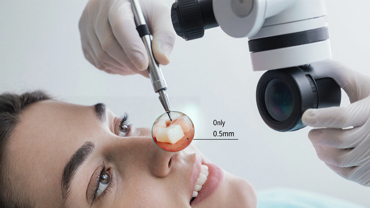 Dentista připevňuje tenkou keramickou fazetu s minimálním odběrem zubní tkáně.