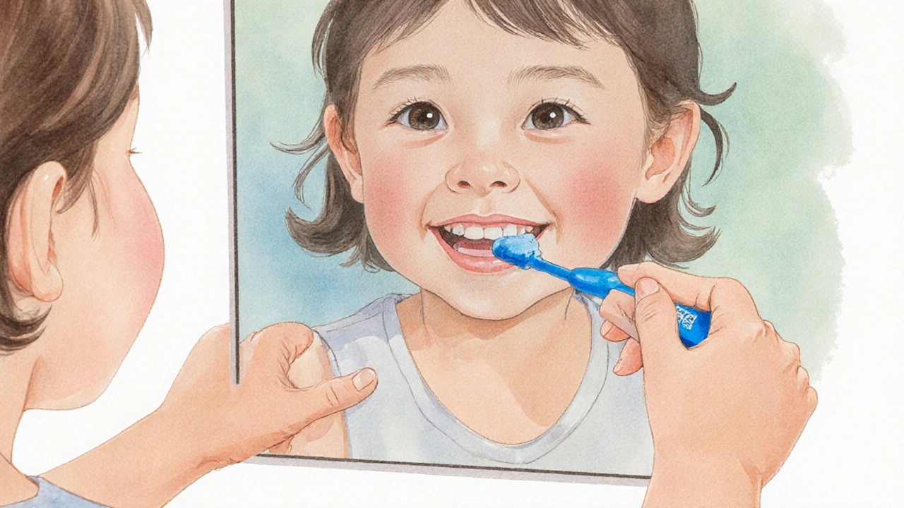 Dítě drží modrý kartáček Curaprox Kids při čištění zubů.