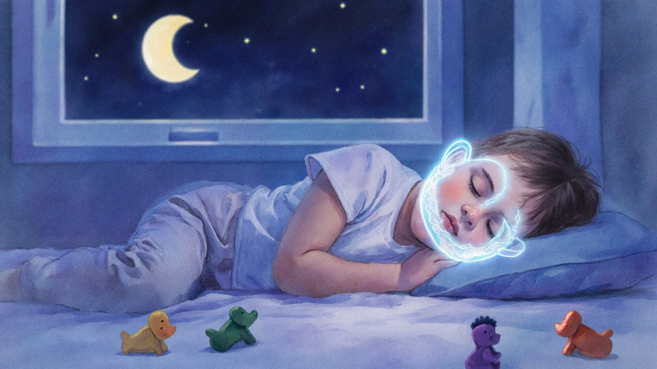 Dítě spí s tenkým dětským chráničem na zuby, jemné osvětlení naznačuje ochranu.