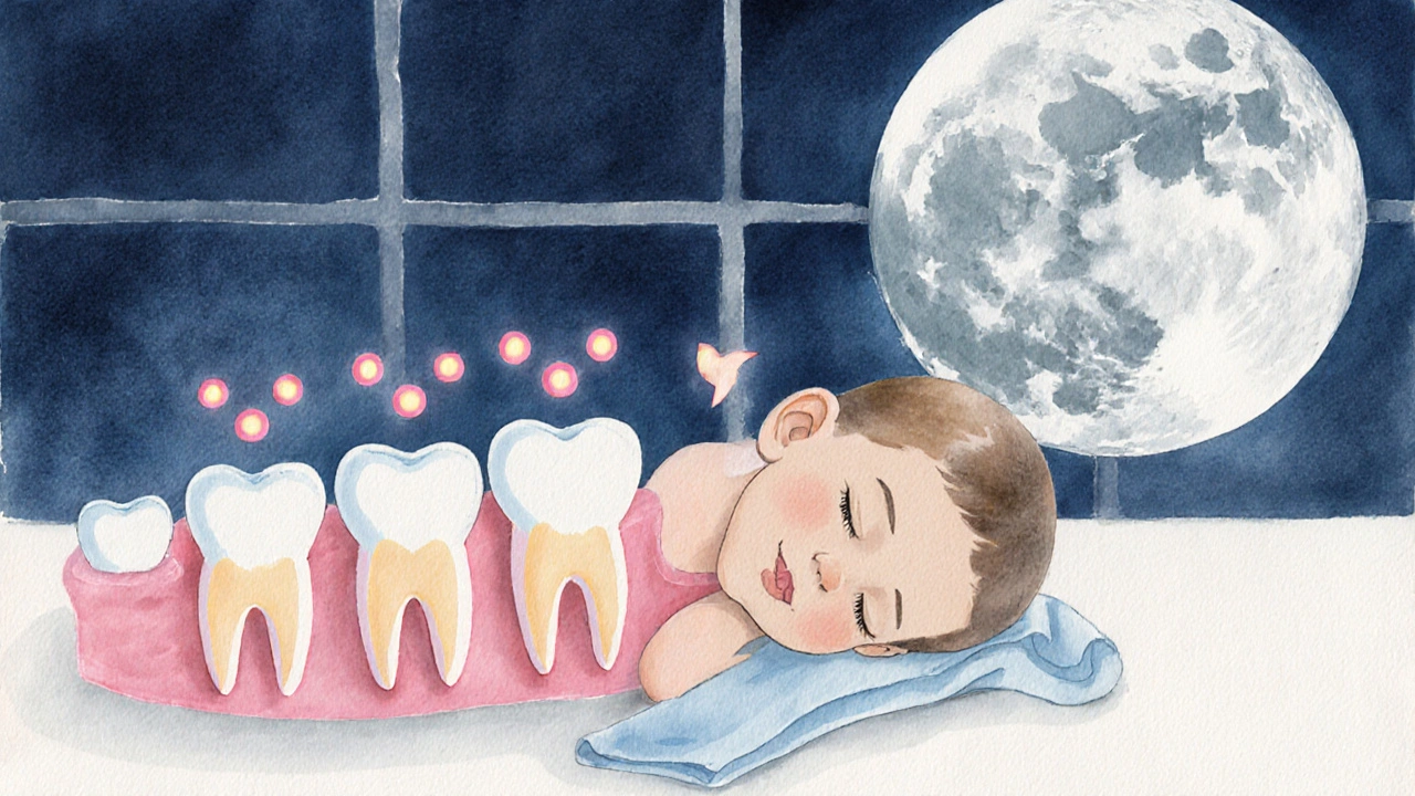 Dítě spí v klidu, vedle něj jsou uspořádané mléčné zuby s příznaky krátké horečky.