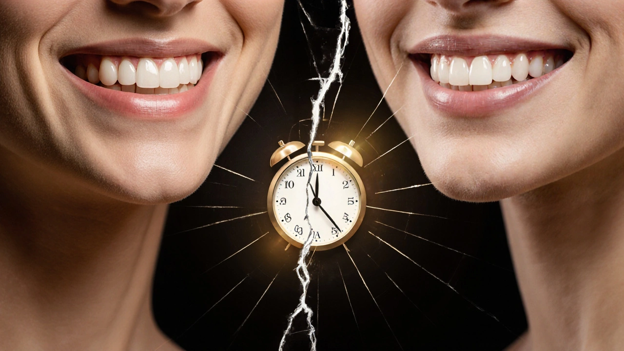 Dva úsměvy: přirozený a uměle dokonalý, oddělené prasklým zrcadlem.