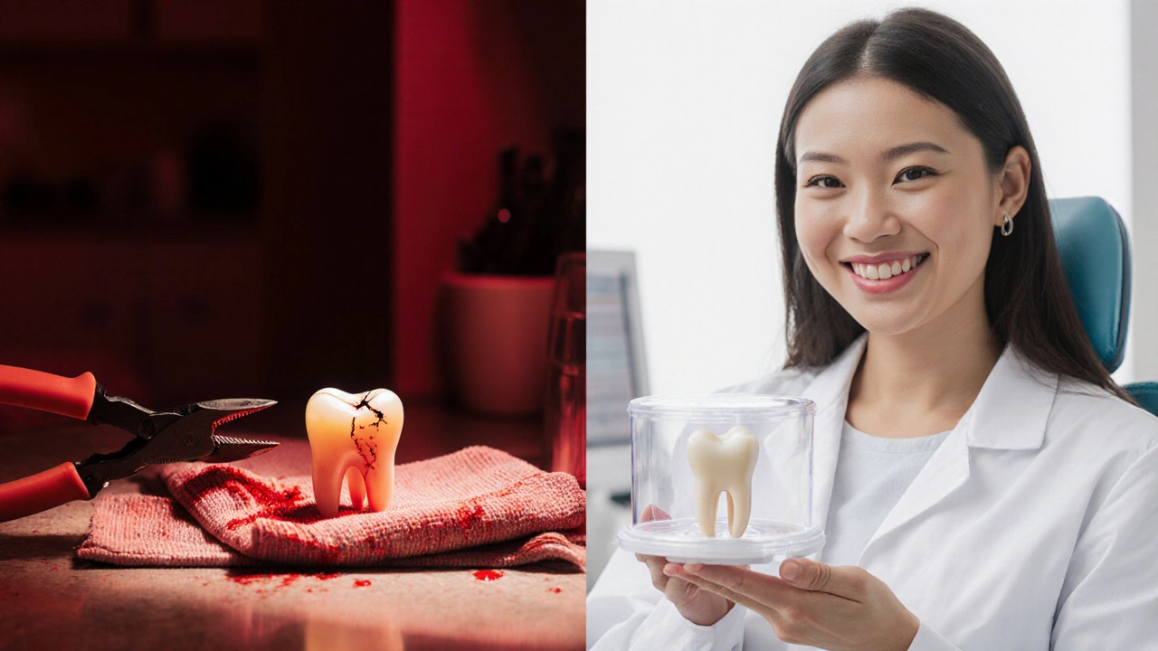 Dvě scény: levá ukazuje nebezpečné domácí vytrhnutí zubu, pravá bezpečné vytržení u zubního lékaře.