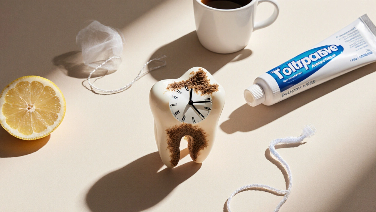 Hodiny v zubu s hromaděním zubního kamene jako znak časového poškozování.