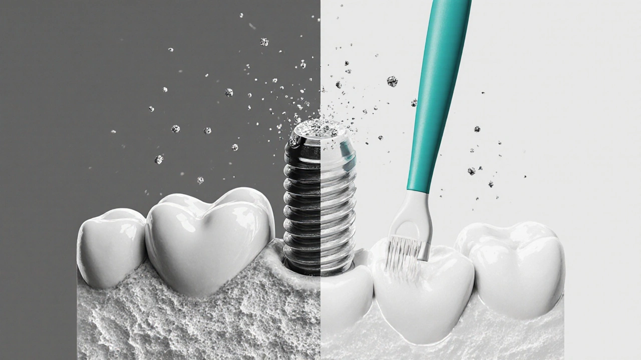 Interdentalní kartáček Curaprox čistí zubní implantát s viditelným odstraněním zbytků.