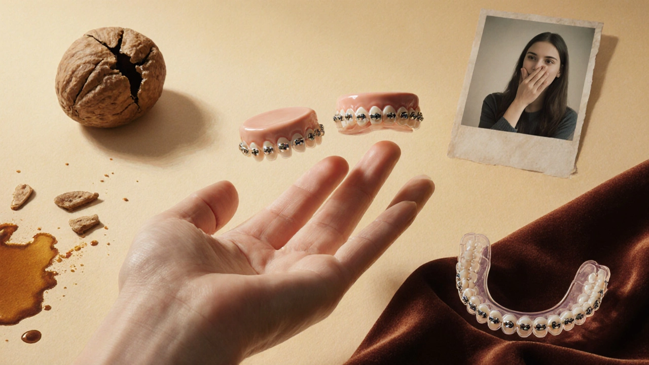 Keramická rovnátka plavou nad rukou, obklopena symboly jídla, fotografie a reténeru.