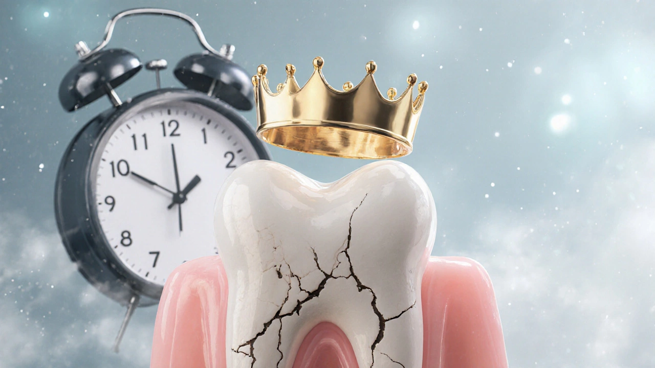 Křehký zub postupně chráněn korunkou, symbolizující jeho zachránění.