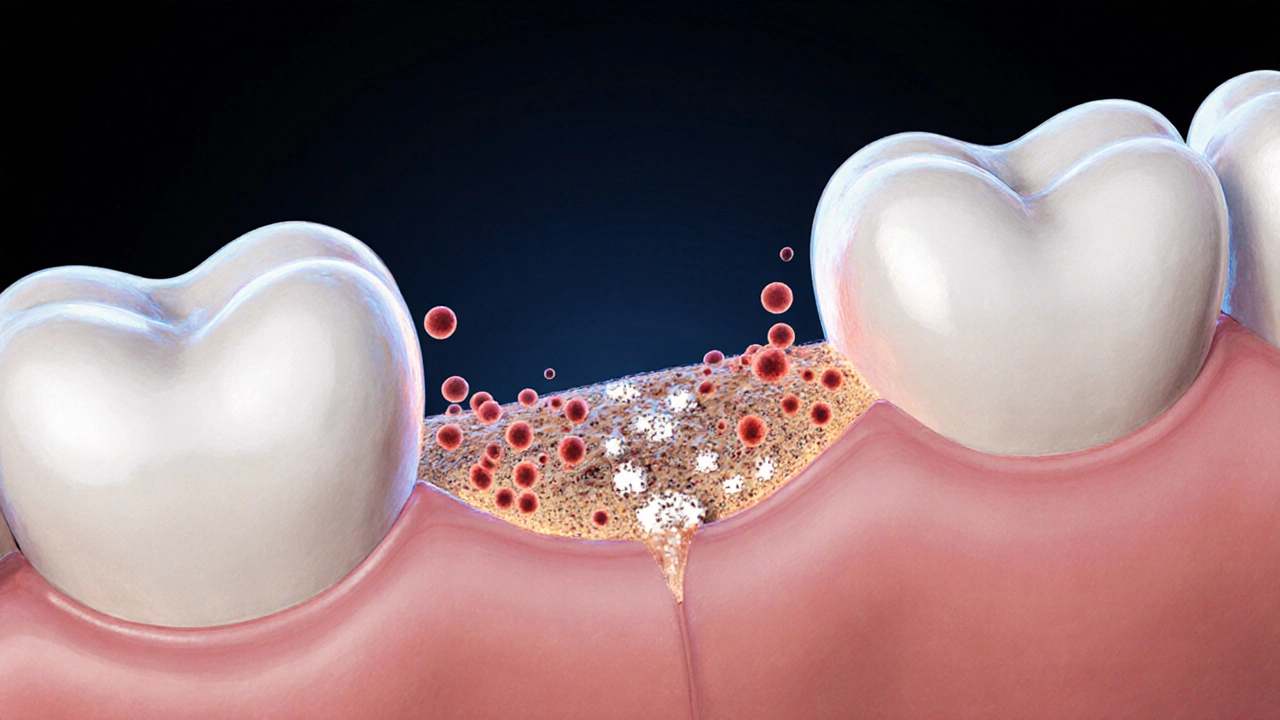 Mikroskopický pohled na bakterie a rozklad skloviny mezi zuby.