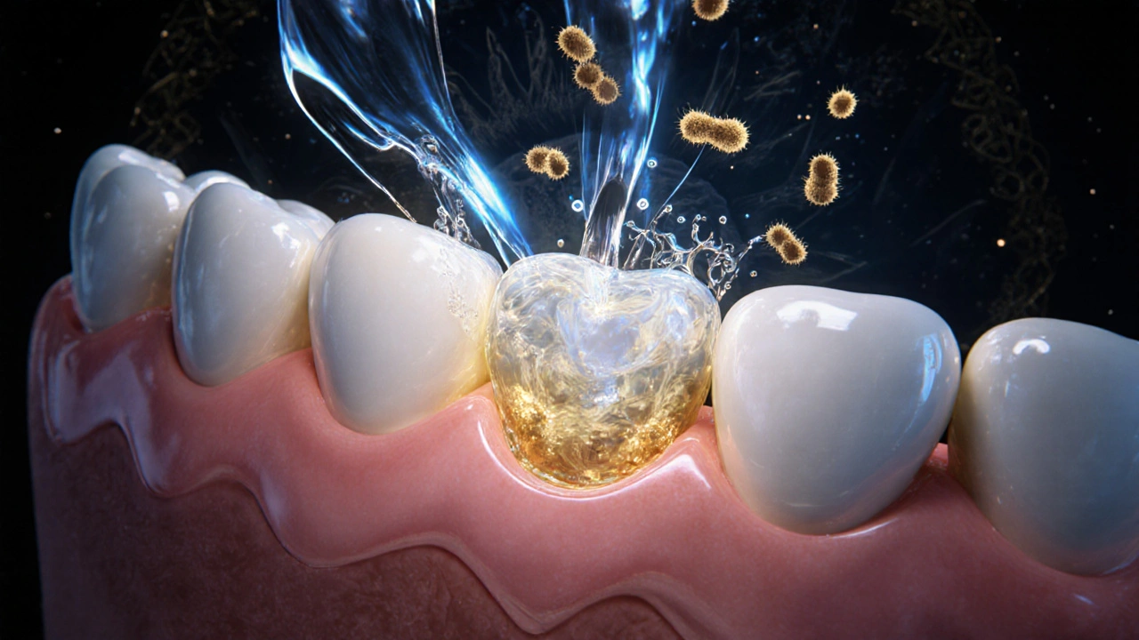 Mikroskopický pohled na bakterie v zubním plaku, které ničí kokosový olej.