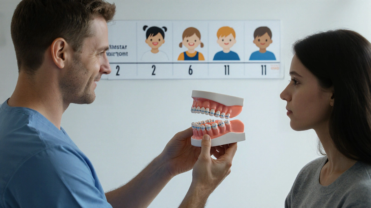 Ortodont vysvětluje rodiči 3D model dětské čelisti v klinice.