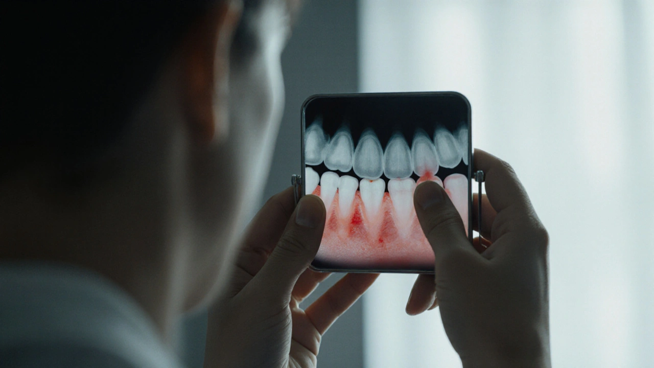 Osoba hledí do zrcátka a vidí skrytý kaz na rentgenovém překryvu.