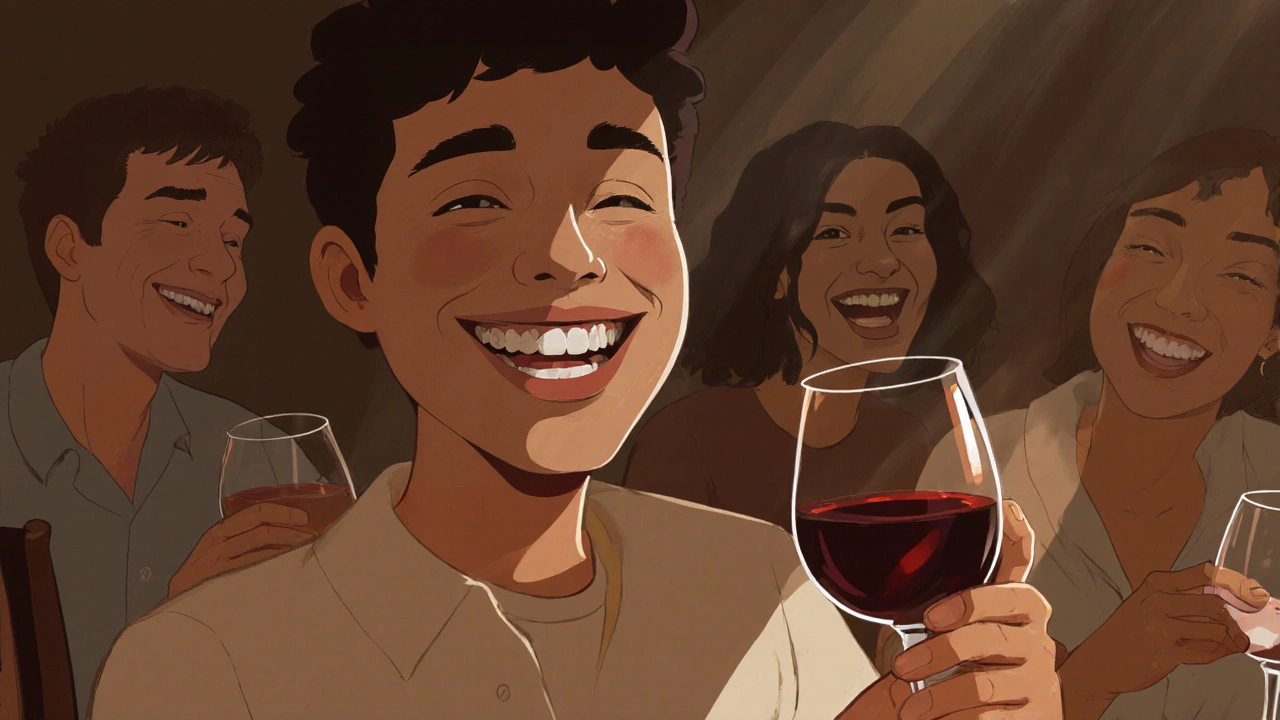 Osoba pije červené víno s přáteli, její úsměv je volný a bez strachu.