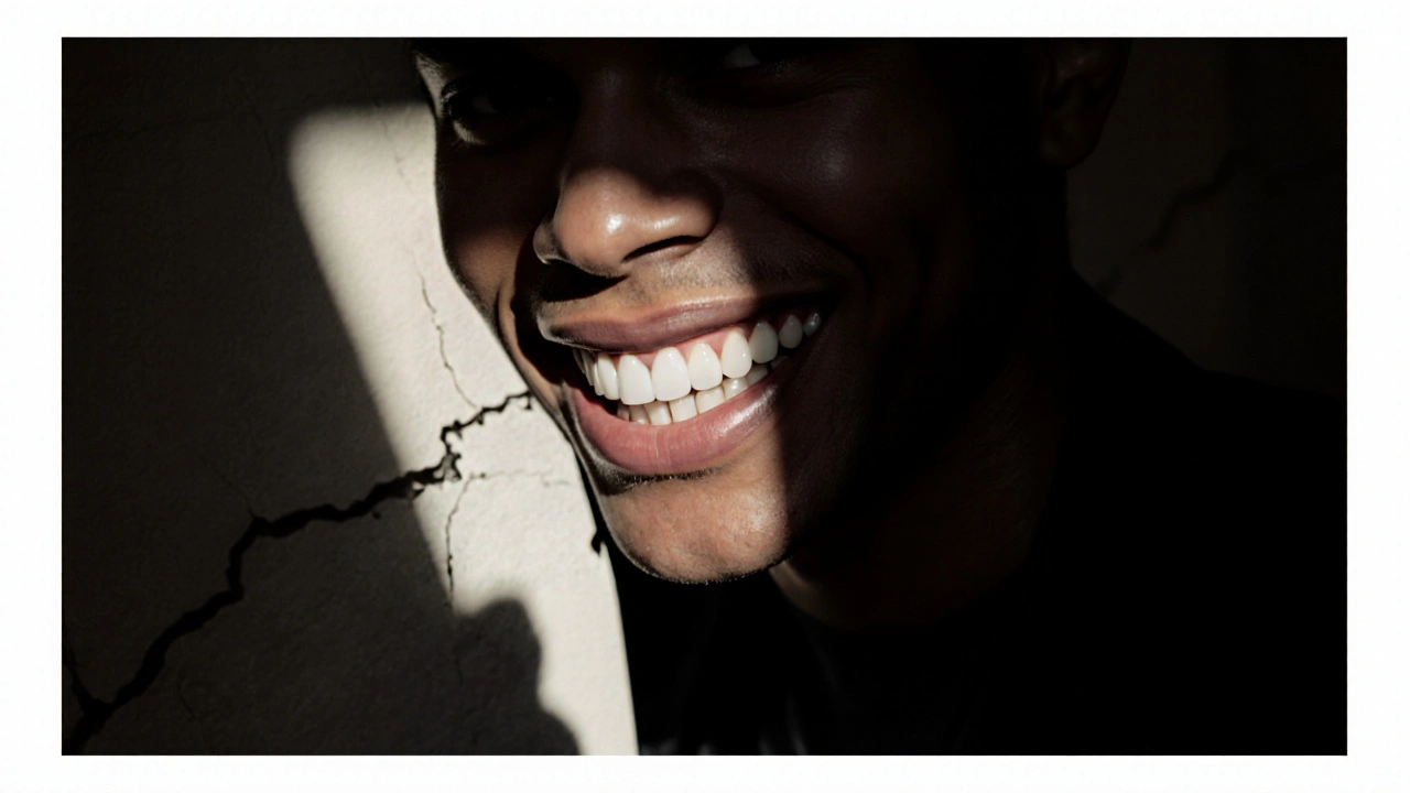 Osoba vstupuje do světla s novým úsměvem, symbolizující přeměnu sebevědomí.