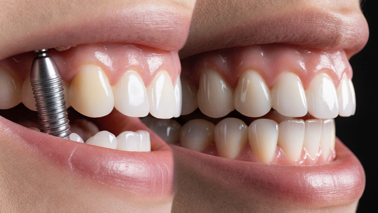 Porovnání zubního implantátu a mostu s viditelným poškozením sousedních zubů.