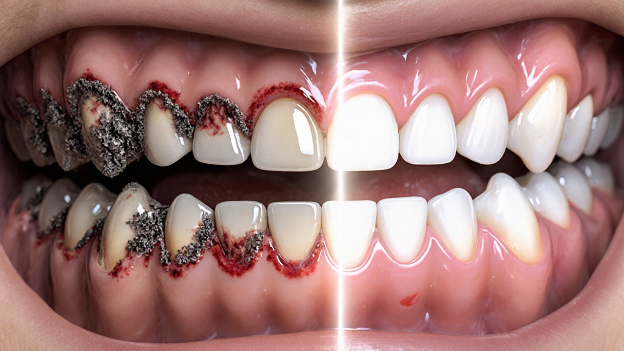 Porovnání zubů s kamenem a bez něj: zdravé dásně a bílé zuby naproti zánětu a špíně.