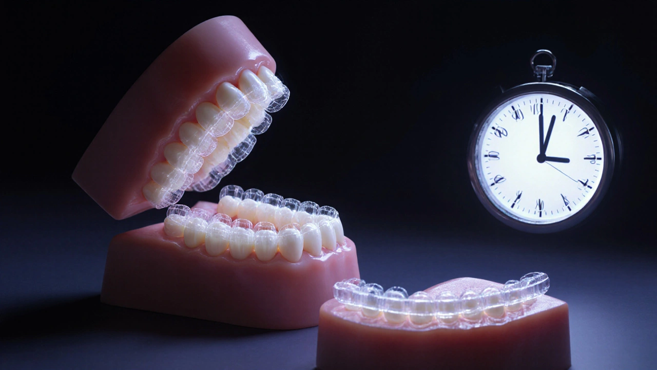 Postupné vyrovnání čelistí pomocí elastických pásů jako viditelné síly.