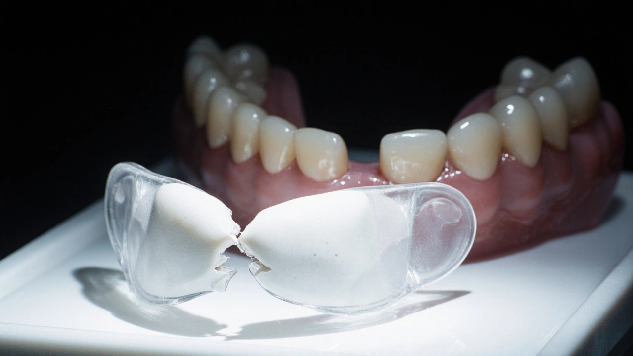 Prasklá keramická korunka a zubní ochranná plotna na chirurgickém podnosu.