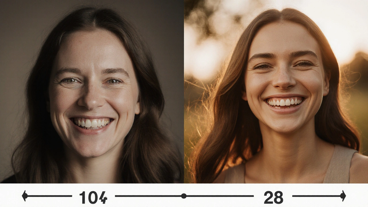 Před a po: žena s křivými zuby vlevo, se širokým úsměvem vpravo.