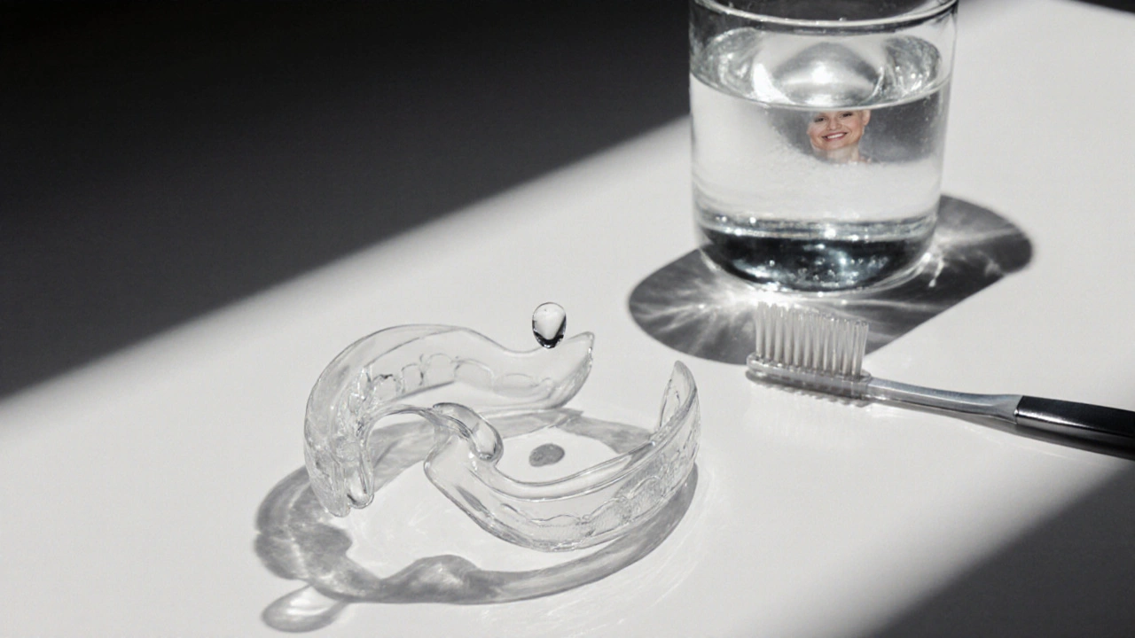 Průhledná rovnátka na bílé ploše s kartáčkem a vodou.