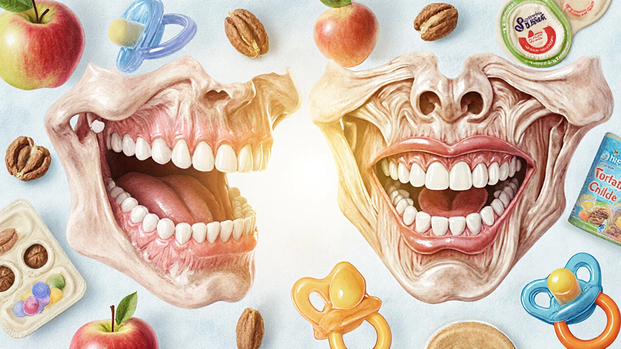 Průřez dětské čelisti: široká a vyvinutá vs. úzká a nevyvinutá s přeplněnými zuby.