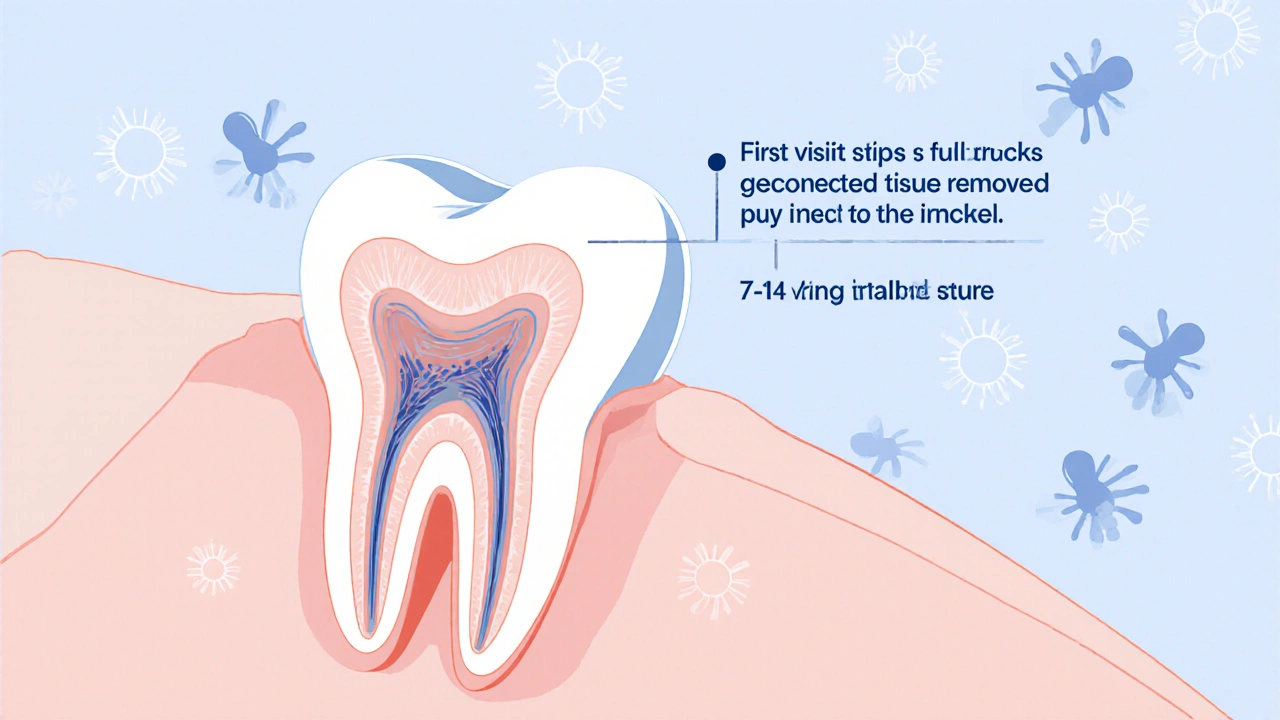 Průřez zubu ukazující odstranění infikované tkáně a výplň kanálků.