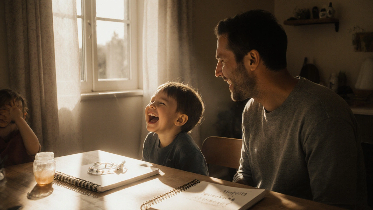 Rodina společně večeří — dítě a dospělý dýchají nosem s klidným výrazem.