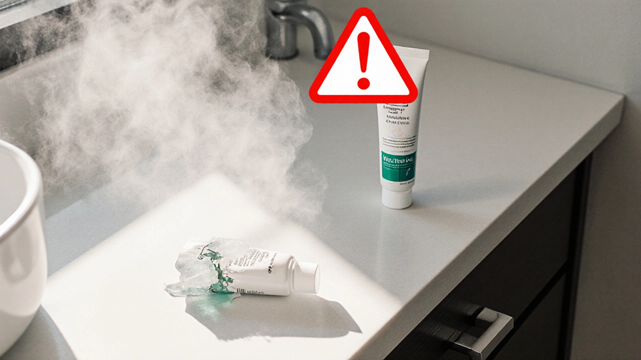 Rozpadající se gelová trubka na koupelnové polici s párou z koupelny, proti správně uložené trubce v šuplíku.