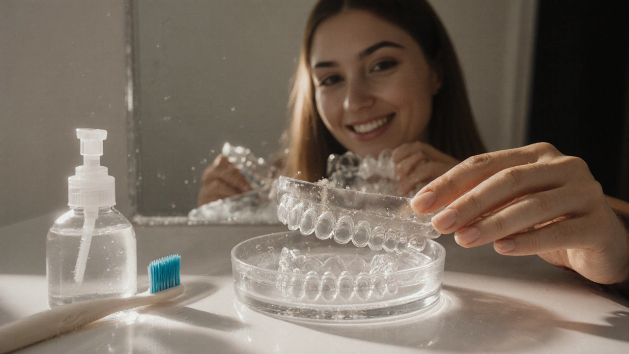 Rukou držené průhledné rovnátko s kartáčkem a čisticím roztokem na pozadí.