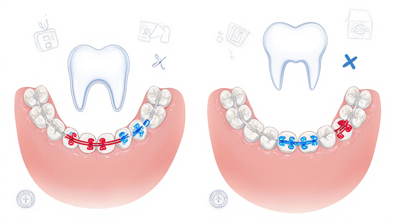 Různé barvy a typy ortodontických gumiček s orientačními šipkami pro napnutí.