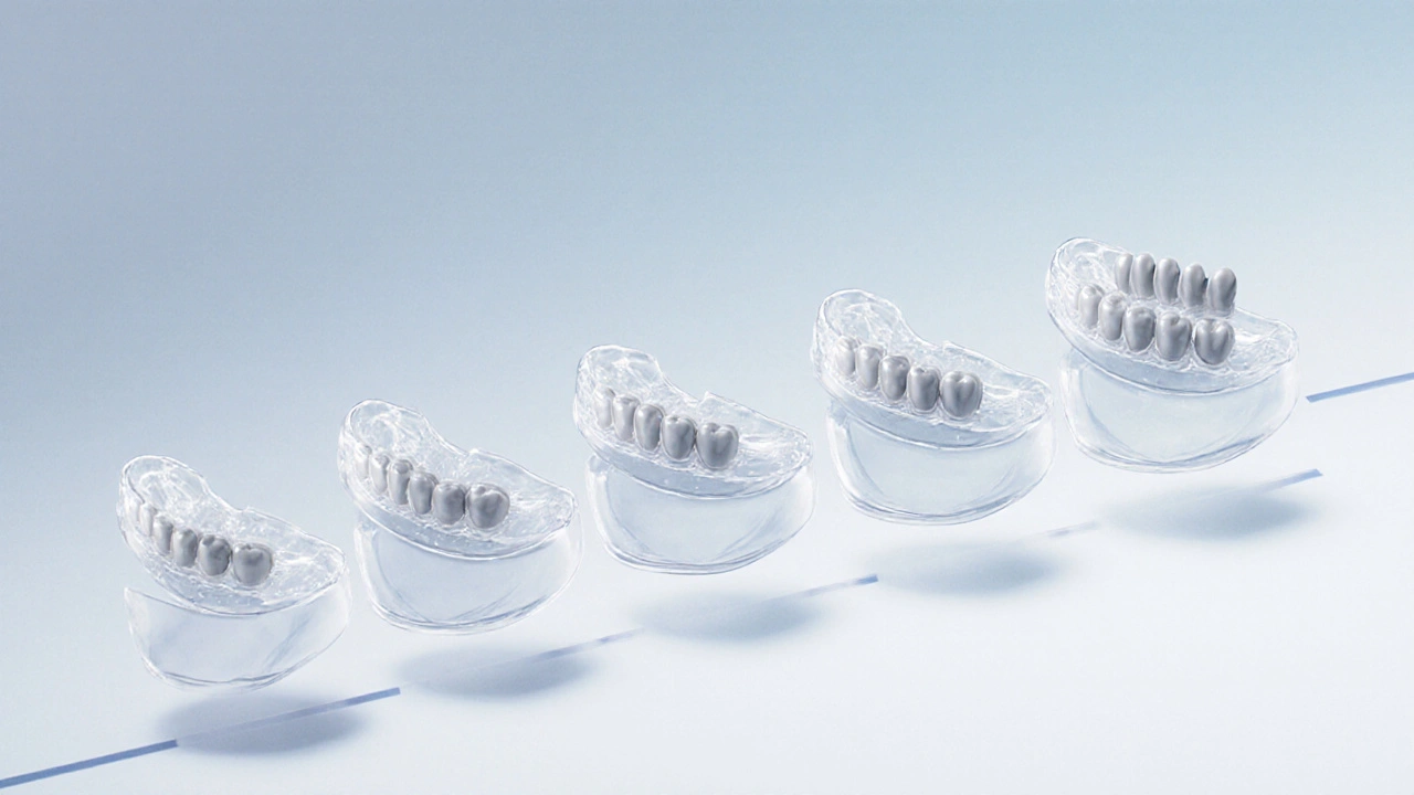 Séria průhledných rovnátek ukazující postupné posunutí zubů.