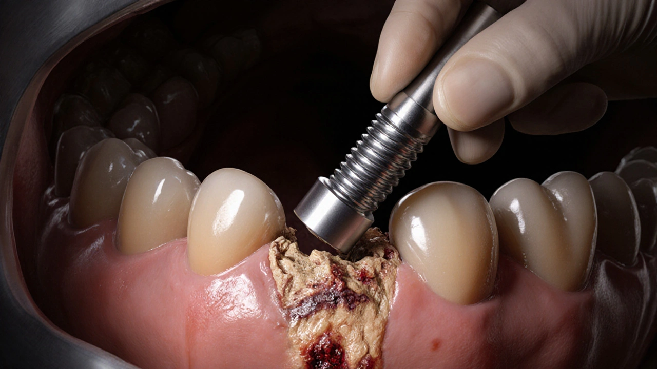 Surgeon removing a damaged dental implant from infected jawbone tissue.