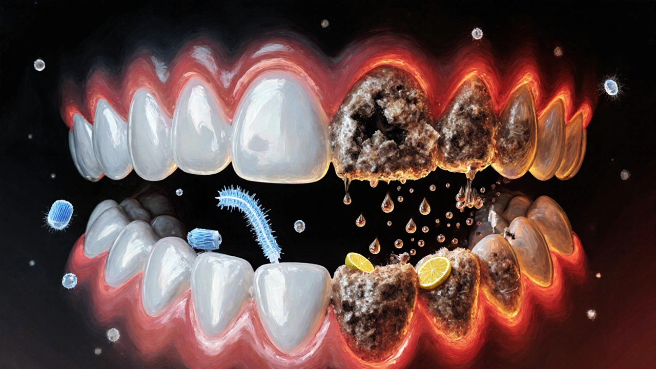 Symbolický boj zdravých zubů proti kyselým návykům a plaku.