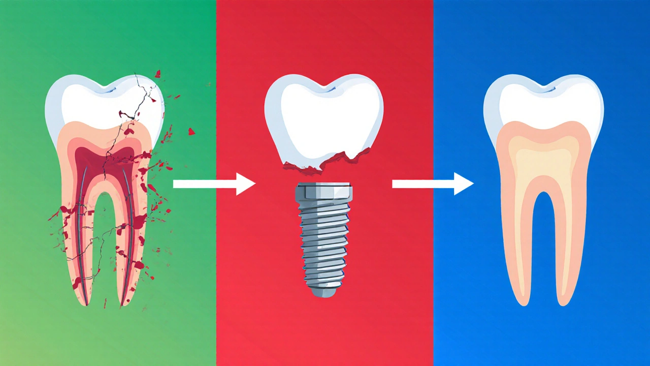 Timeline illustration showing healthy bone, infection, and recovery with new implant placement.