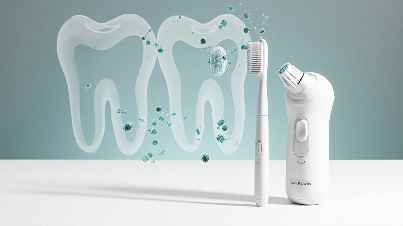 Tři typy mezizubních kartáčků: přímý, ohnutý a elektrický, leží na bílé ploše.